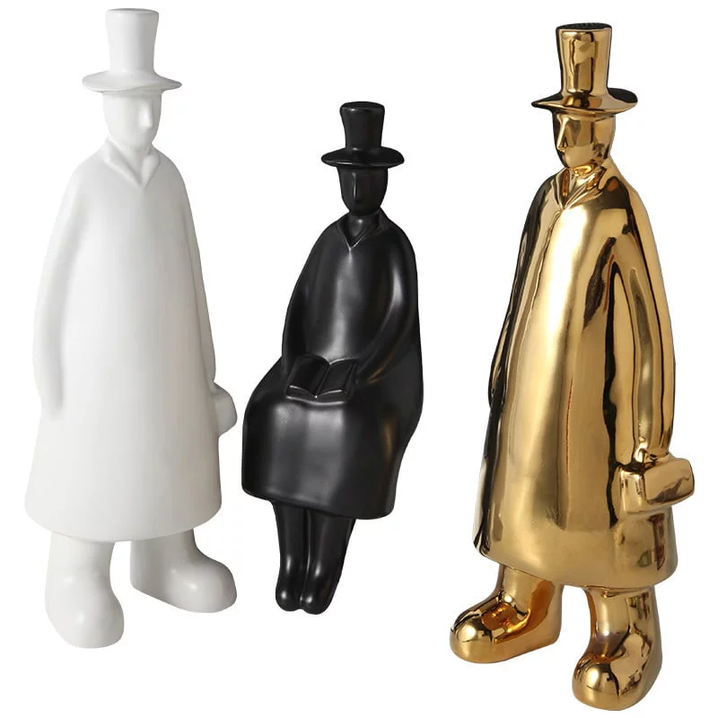 White, black and gold gentleman figures wearing hats