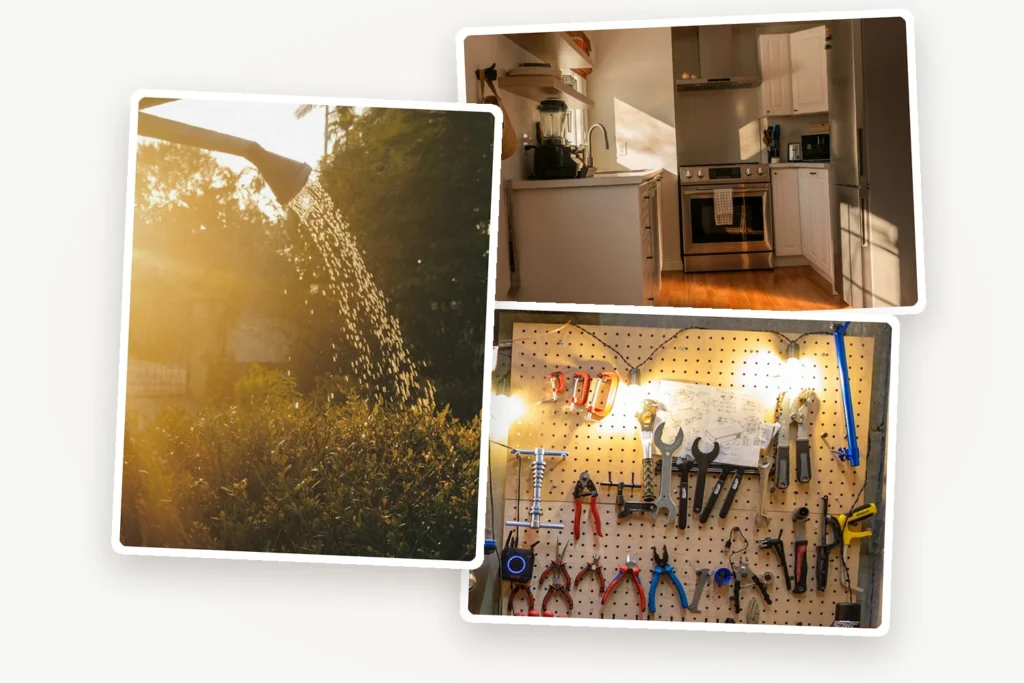 Photo collage of everyday life at home: a watering can in a sunlit garden, a bright modern kitchen and a garage pegboard with tools