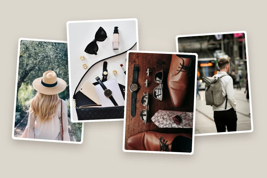 Photo collage of personal accessories for women and men: a woman in a straw hat, a handbag and watch flat lay, a men’s flat lay with watch, sunglasses and leather shoes, and a man walking in the city with a backpack
