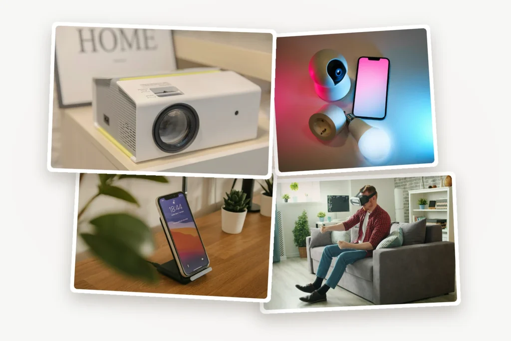 Photo collage of modern gadgets: a portable mini projector, smart home devices with a smartphone, a smartphone on a wireless charging stand and a man using a VR headset at home