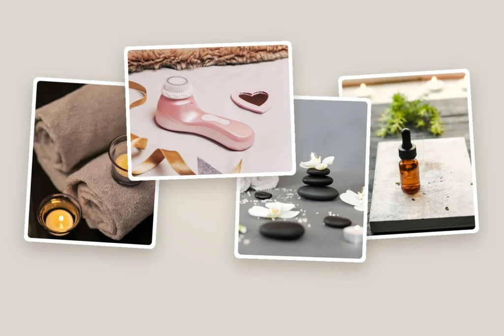 Photo collage of wellness and self-care: rolled towels with candles, an electric facial cleansing brush, a spa still life with massage stones and an essential oil dropper bottle